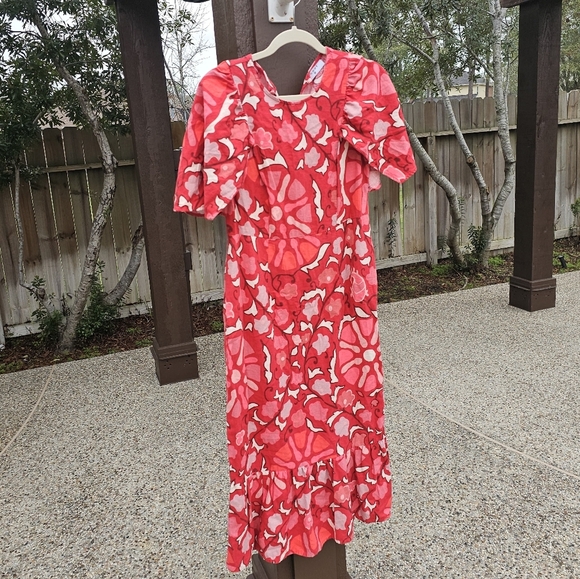 Rhode Red Zinnia Floral Print Bell Sleeve Keyhole Back Midi Dres 8 - Picture 5 of 11